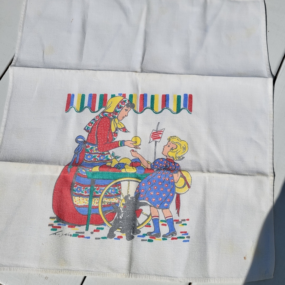Vintage Tom Lamb Tea Towel ~ Girl at Market ~ 1940s - MCM ~ Colorful!